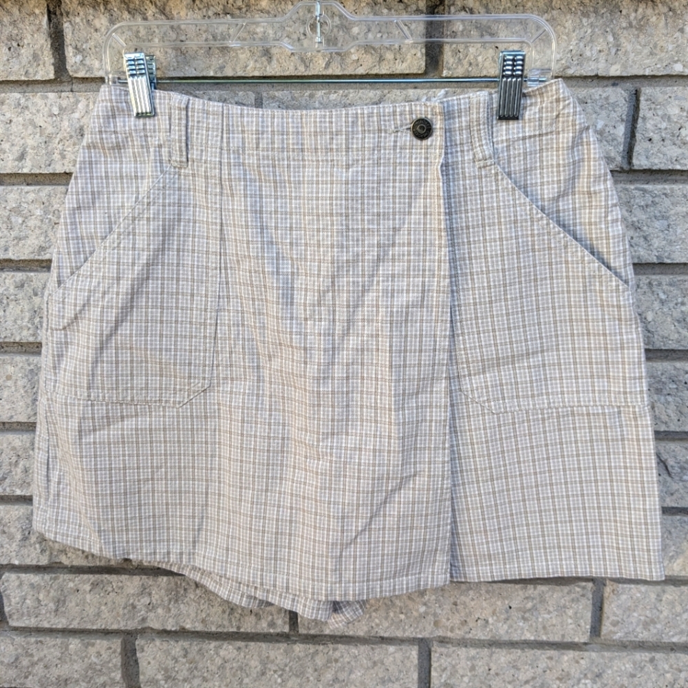 100% Cotton Cherokee Denim Skort Plaid White & Tan Size 12 High Waisted Vintage